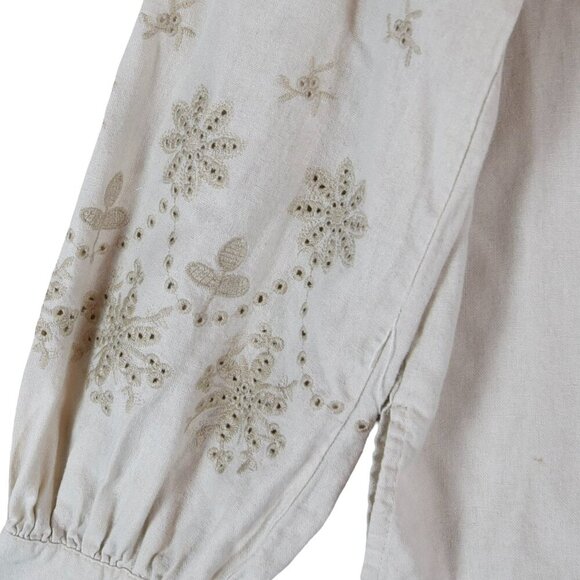 Tahari Linen Blend Embroidered Balloon Sleeve Blouse L Boho Cottagecore - Picture 2 of 8